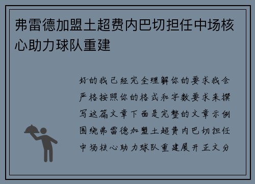 弗雷德加盟土超费内巴切担任中场核心助力球队重建